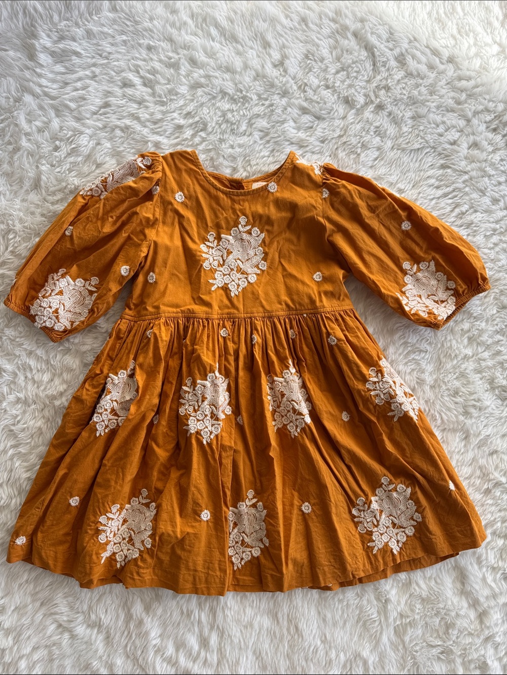 Pink Chicken Mustard Embroidered Puff Sleeve Dress
